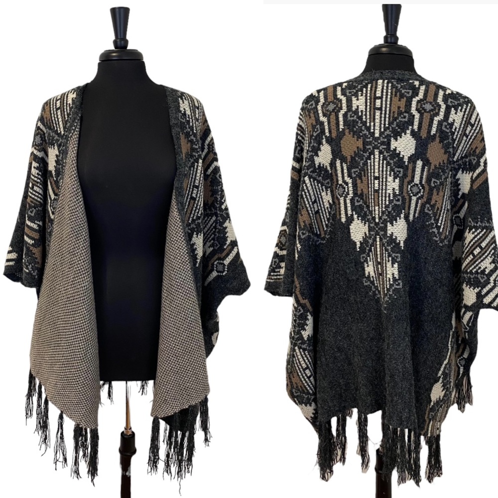 Debut Southwestern Fringe Poncho Open Front Cardigan Kimono M/L One Size